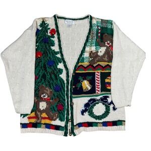 Vintage Ugly Sophisticates Christmas‎ Cardigan Sweater Hand-Knit Festive Grandma